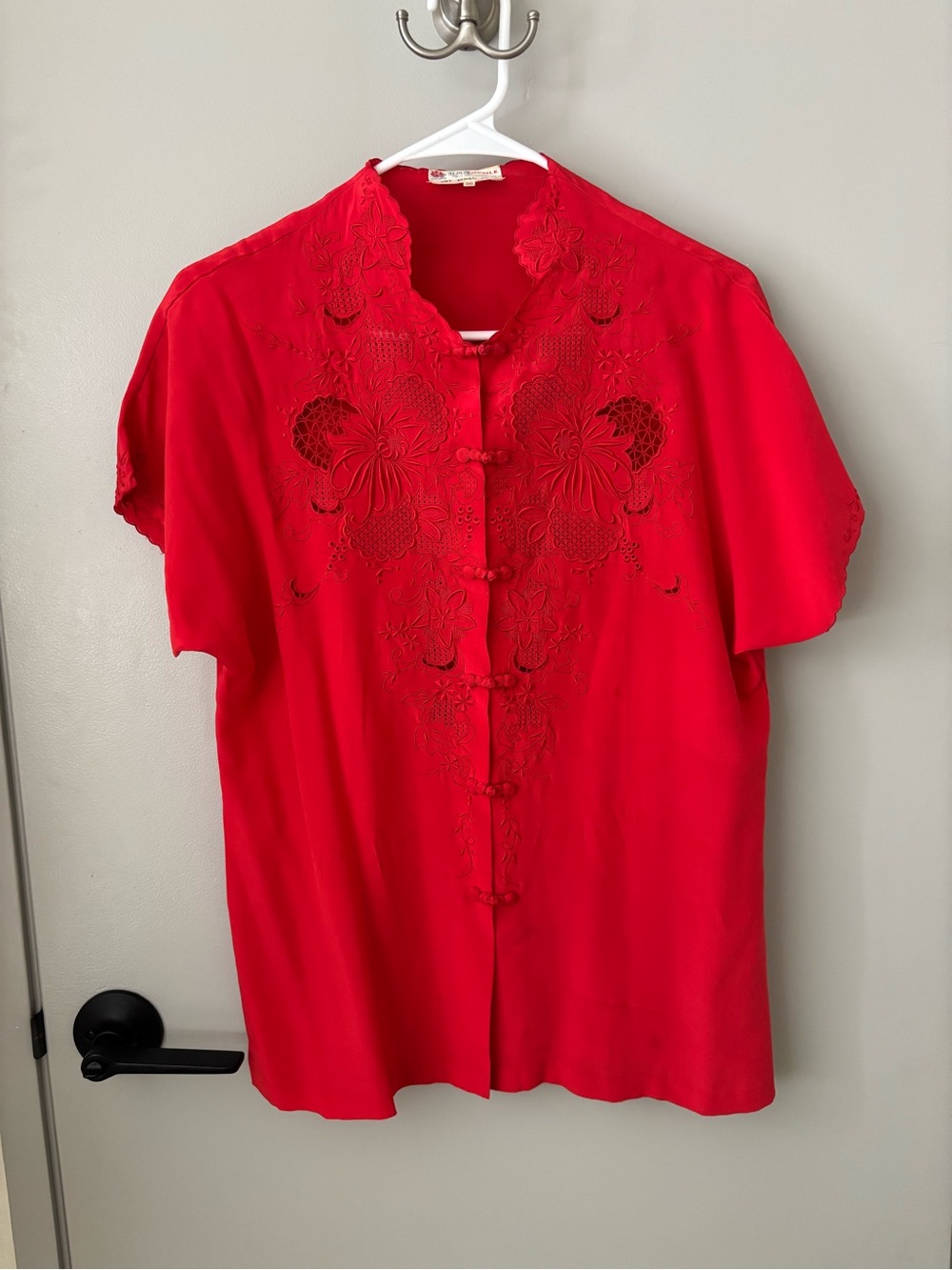 Vintage Peony Shanghai Red 100% Silk Hand Embroidered Chinese Blouse